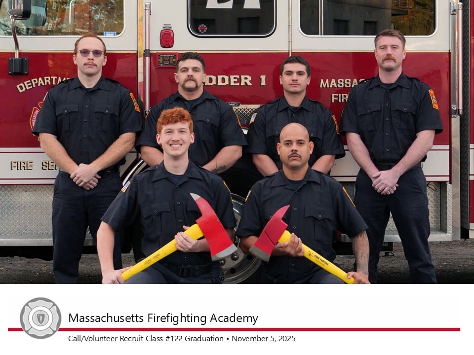 Six Swansea firefighters were among 26 graduates from the Call/Volunteer Recruit Class #122. From left to right, top row, Shane Neto, Jacob Dillon, Jared Koger and Shane Justice; bottom row, Logan Estes and Maicon Vilas-Boas.